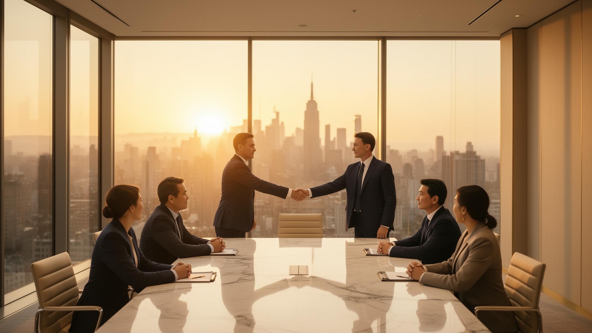 Elegant business partnership meeting in warm golden light