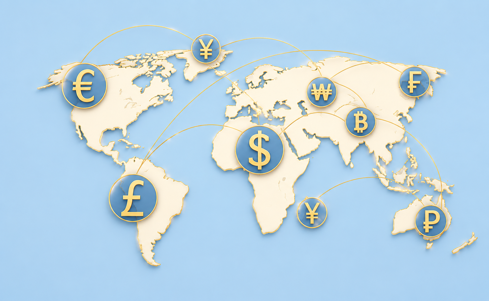 World map with international currency exchange routes