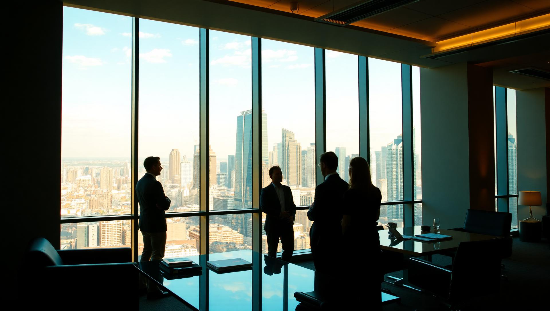 Business professionals in a luxury office overlooking the city skyline